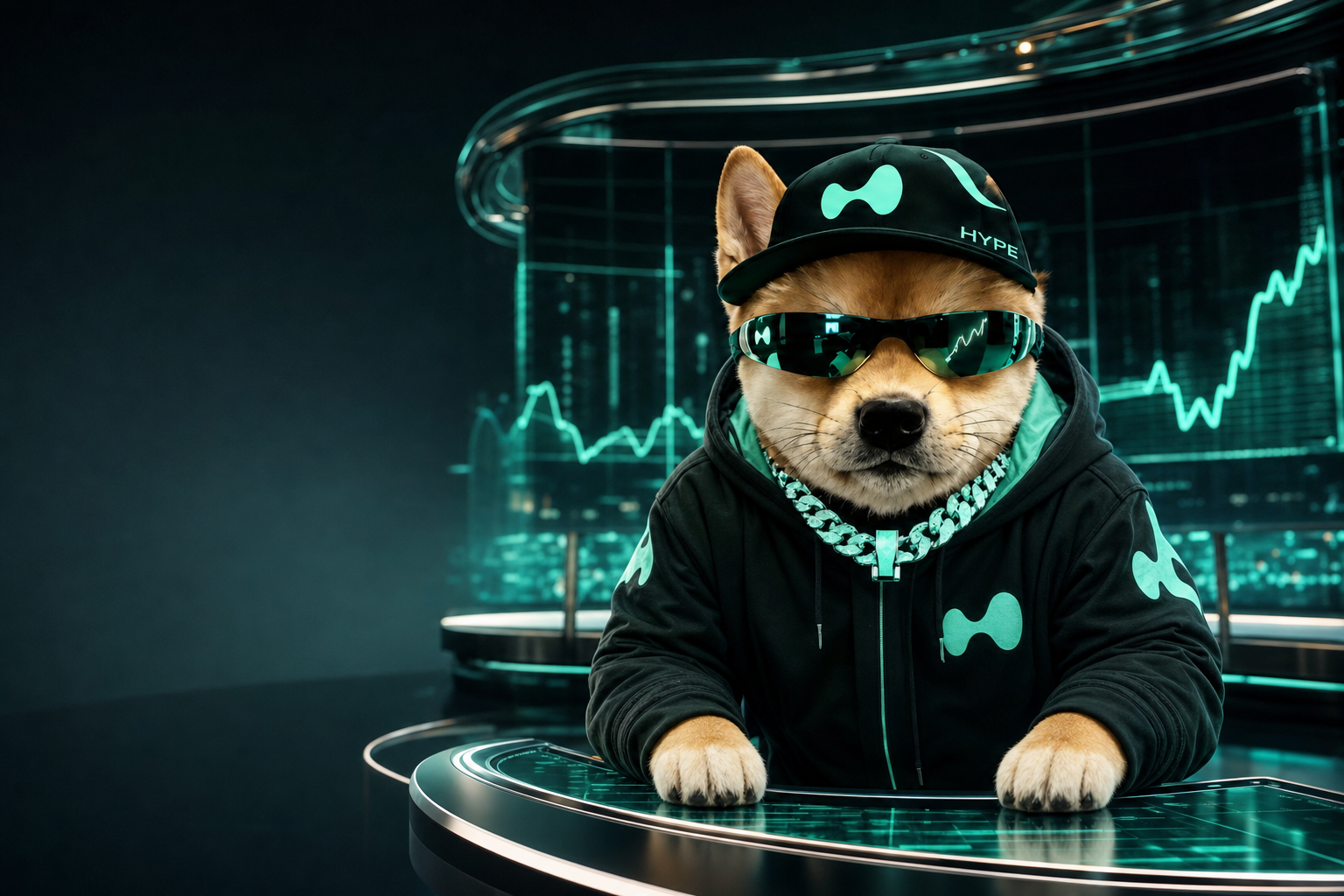 Hyper Inu in a cap, mirrored visor and iced chain, leaning over a Hyperliquid command desk with green charts rising behind him