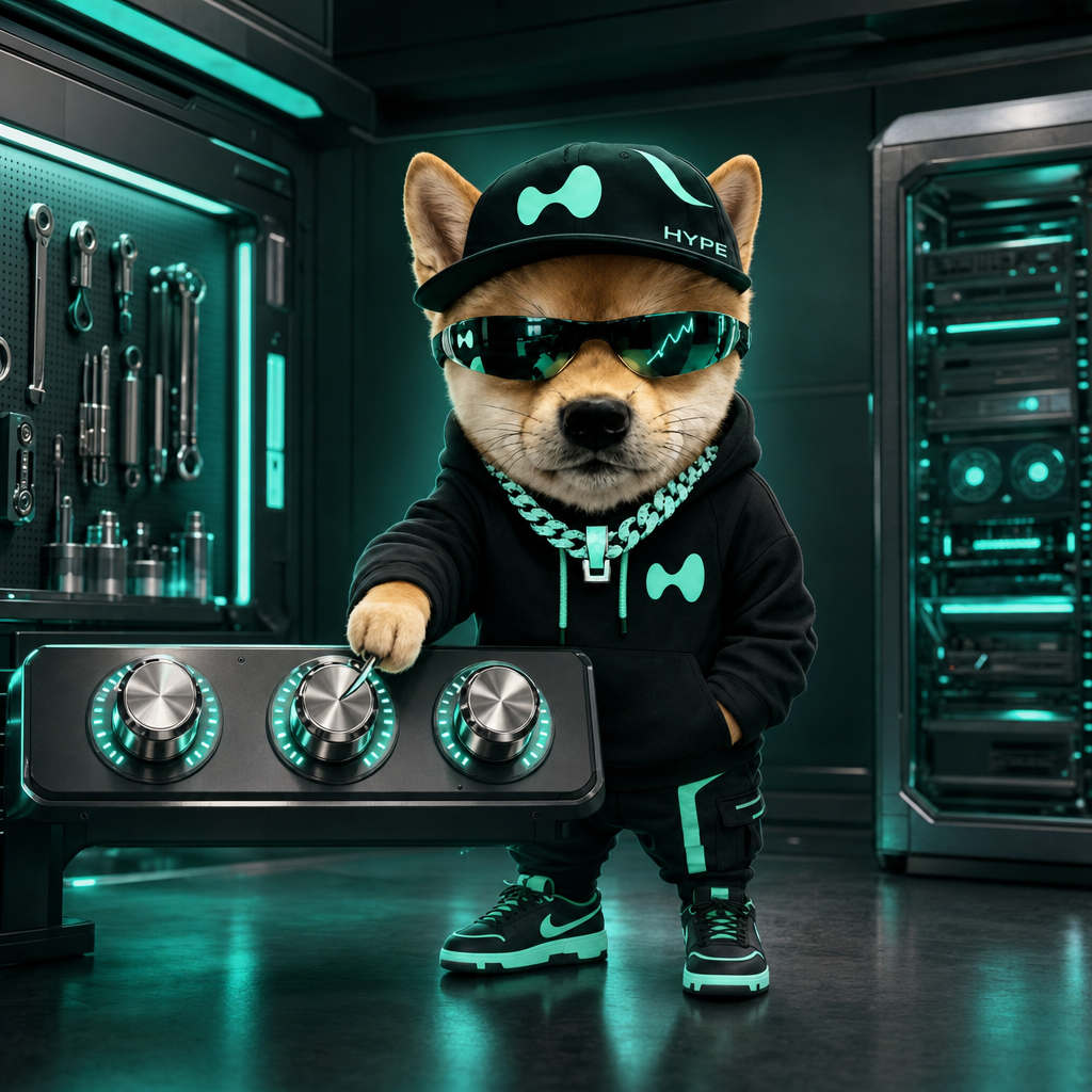 Hyper Inu turning a dial on a control panel beside a glowing server rack